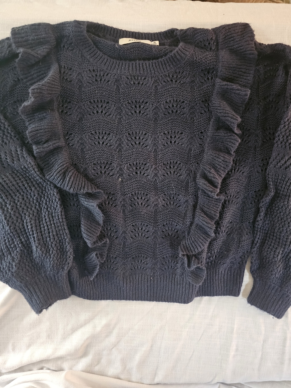JustFab Navy Ruffle Detail Crewneck Sweater
